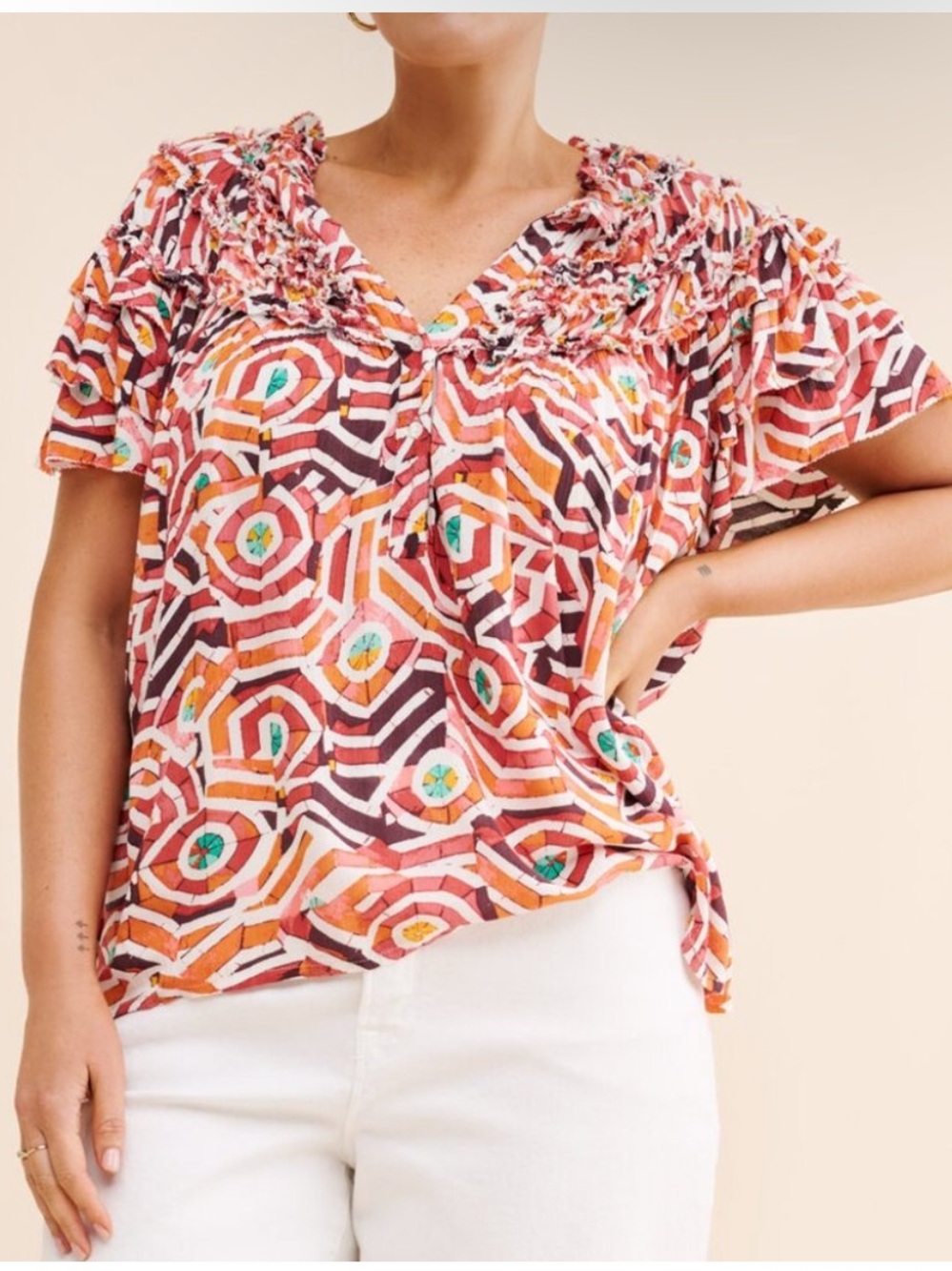 Anthropologie Maeve 2X Short Sleeve Ruffle Yoke Top Colorful Geo Abstract Boho